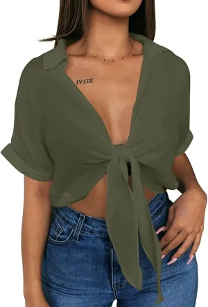 GOBLES Womens Summer Short Sleeve Shirts V Neck Tie Knot Batwing Blouses Tops