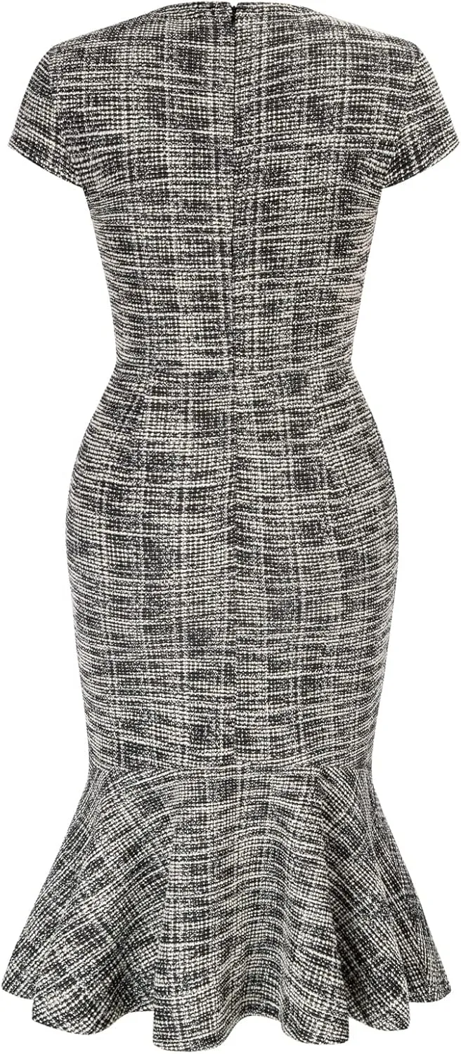 GRACE KARIN Womens Elegant Cap Sleeve Fishtail Tweed Cocktail Bodycon Dress