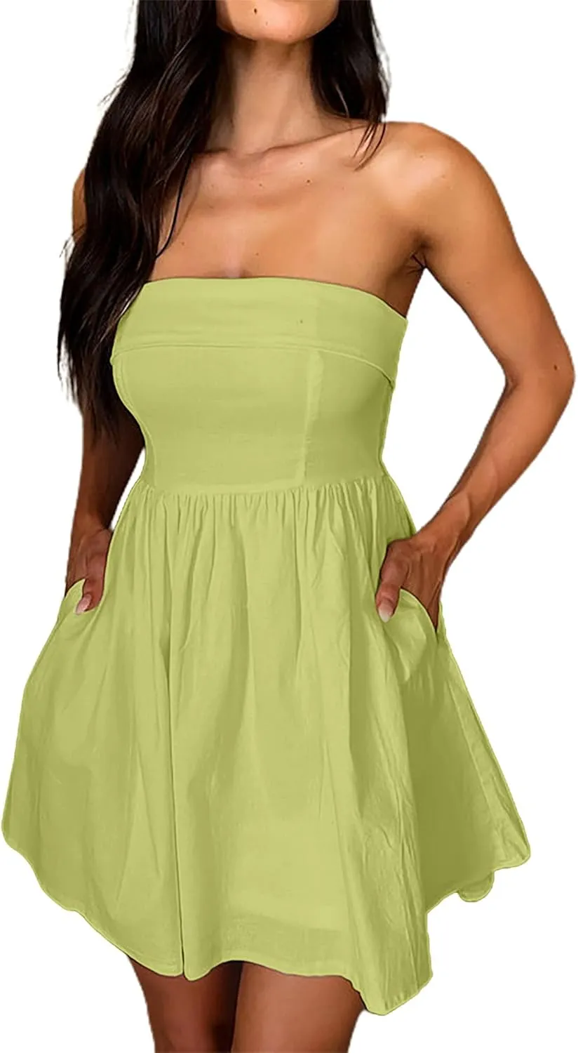 HYPERFIRE Women's Elegant Strapless Tube Top Dress Sleeveless Smocked Mini Short Dresses with Pockets