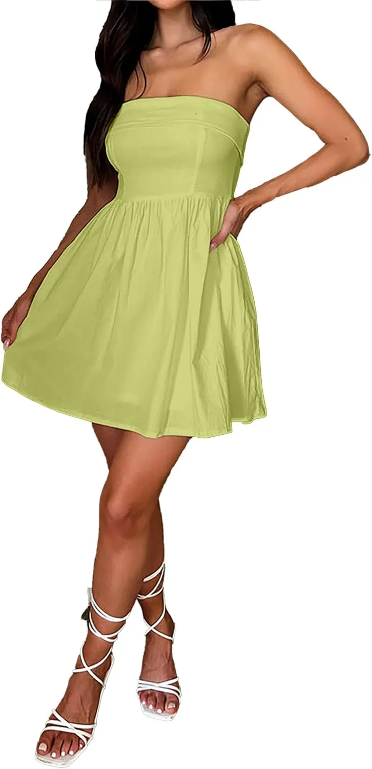 HYPERFIRE Women's Elegant Strapless Tube Top Dress Sleeveless Smocked Mini Short Dresses with Pockets