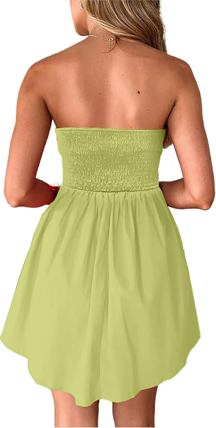 HYPERFIRE Women's Elegant Strapless Tube Top Dress Sleeveless Smocked Mini Short Dresses with Pockets
