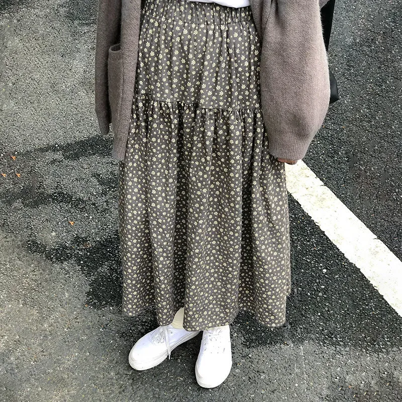 Lanfubeisi fall outfits women Mori Brushed Floral Skirt 2024 Autumn and Winter New Artistic Age-Reducing Mid-Length Umbrella Skirt Cover Slim Skirt