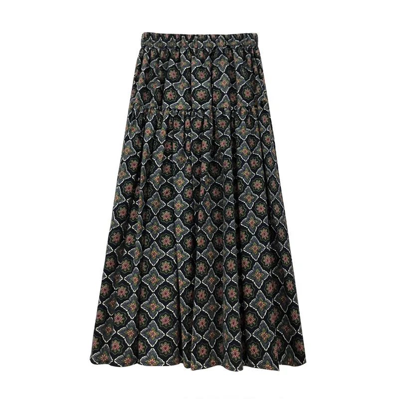 Lanfubeisi fall outfits women Mori Brushed Floral Skirt 2024 Autumn and Winter New Artistic Age-Reducing Mid-Length Umbrella Skirt Cover Slim Skirt
