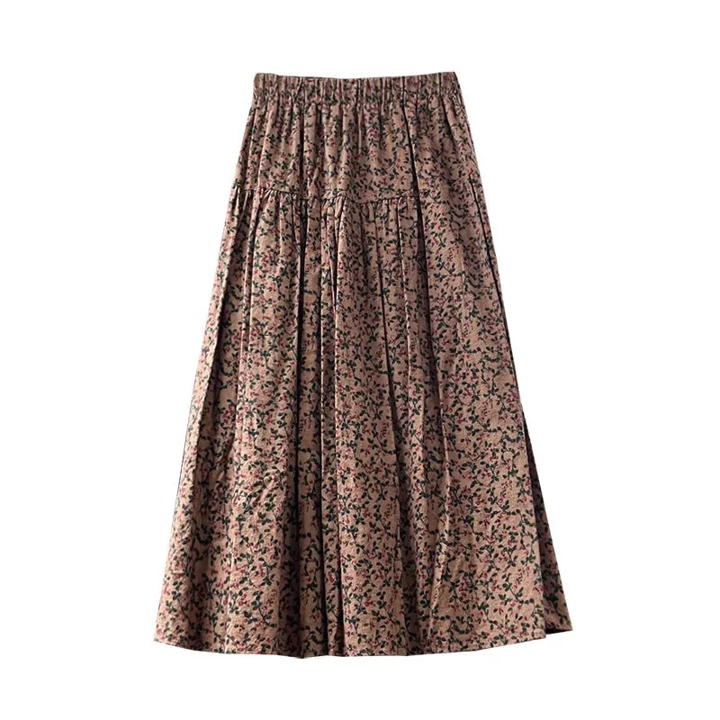 Lanfubeisi fall outfits women Mori Brushed Floral Skirt 2024 Autumn and Winter New Artistic Age-Reducing Mid-Length Umbrella Skirt Cover Slim Skirt