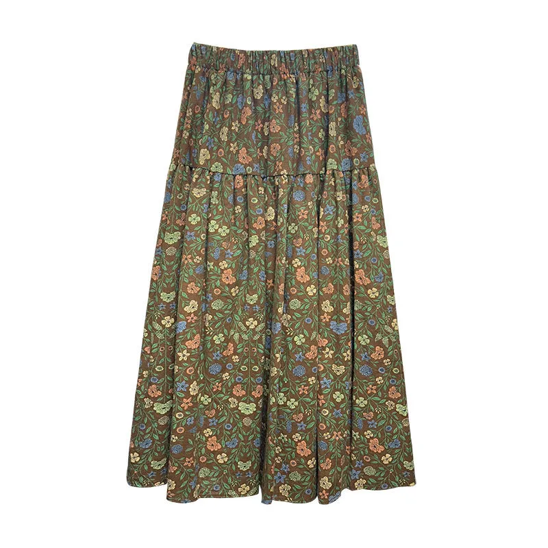 Lanfubeisi fall outfits women Mori Brushed Floral Skirt 2024 Autumn and Winter New Artistic Age-Reducing Mid-Length Umbrella Skirt Cover Slim Skirt