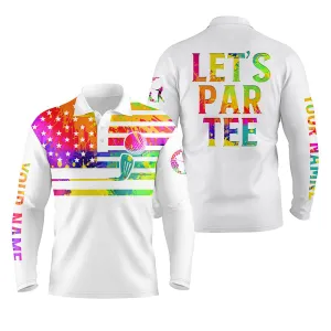 Mens Golf Long Sleeve Polo Shirt Watercolor American Flag Custom Name Let’s Par Tee White Golf Shirt