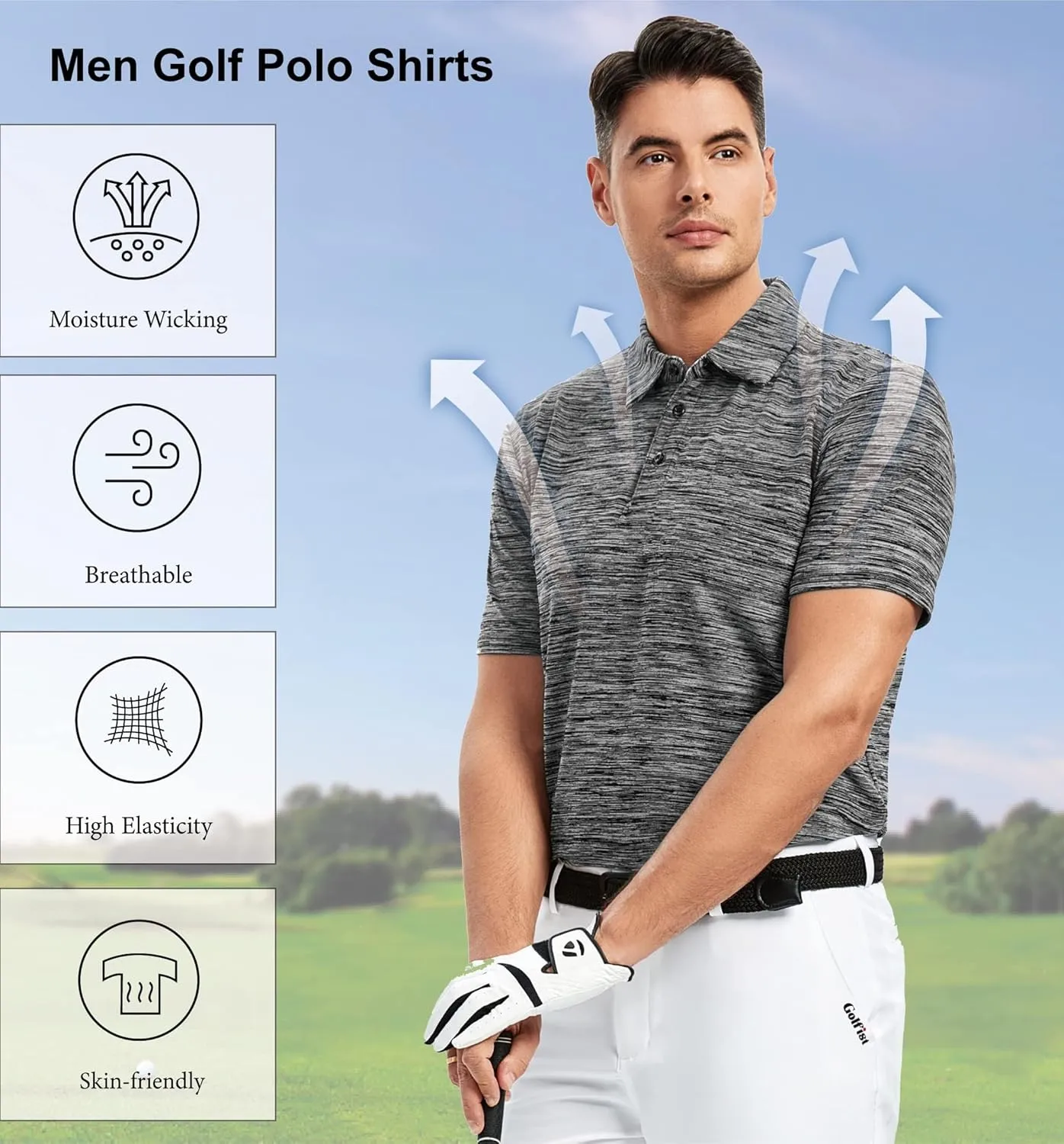 Mens Golf Polo Shirt Moisture Wicking Dry Fit Performance Athletic Short Sleeve Striped Golf Shirts for Men