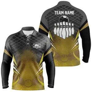 Mens Long Sleeve Polo Bowling Shirt Custom Black Gold Bowling Ball Pins Team League Jersey, Bowling Gift
