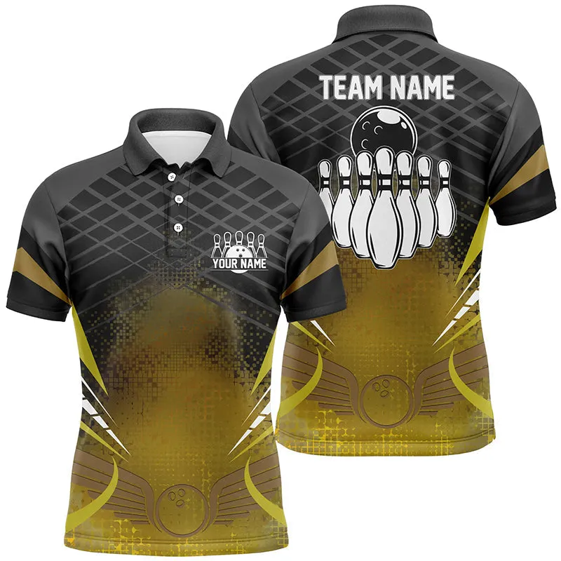 Mens Long Sleeve Polo Bowling Shirt Custom Black Gold Bowling Ball Pins Team League Jersey, Bowling Gift