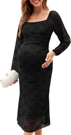 Mesh Ruched Maternity Dress Baby Shower Wedding Guest Pregnancy Shoot Fall Long Short Sleeves Square Neck