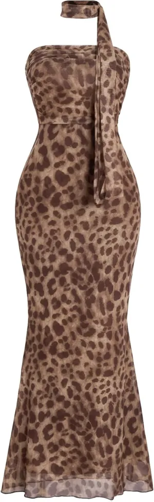 Milumia Women's Leopard Print Strapless Bodycon Maxi Dress Mesh Long Tube Top Dress