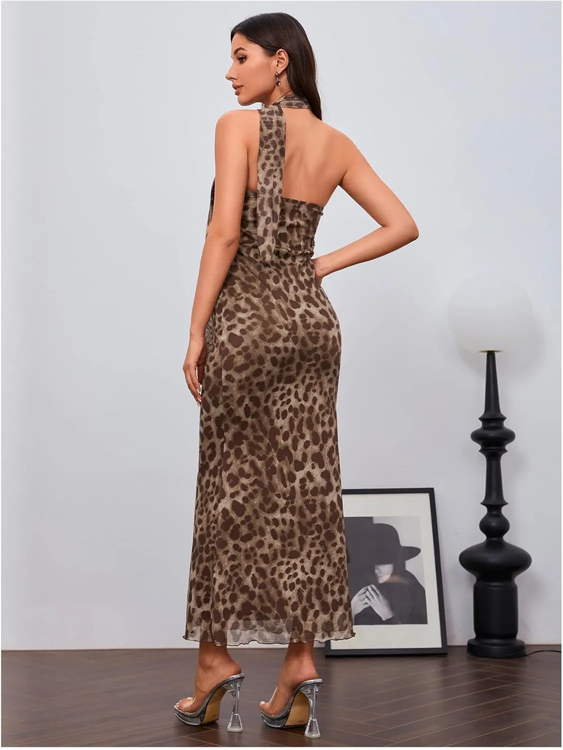 Milumia Women's Leopard Print Strapless Bodycon Maxi Dress Mesh Long Tube Top Dress
