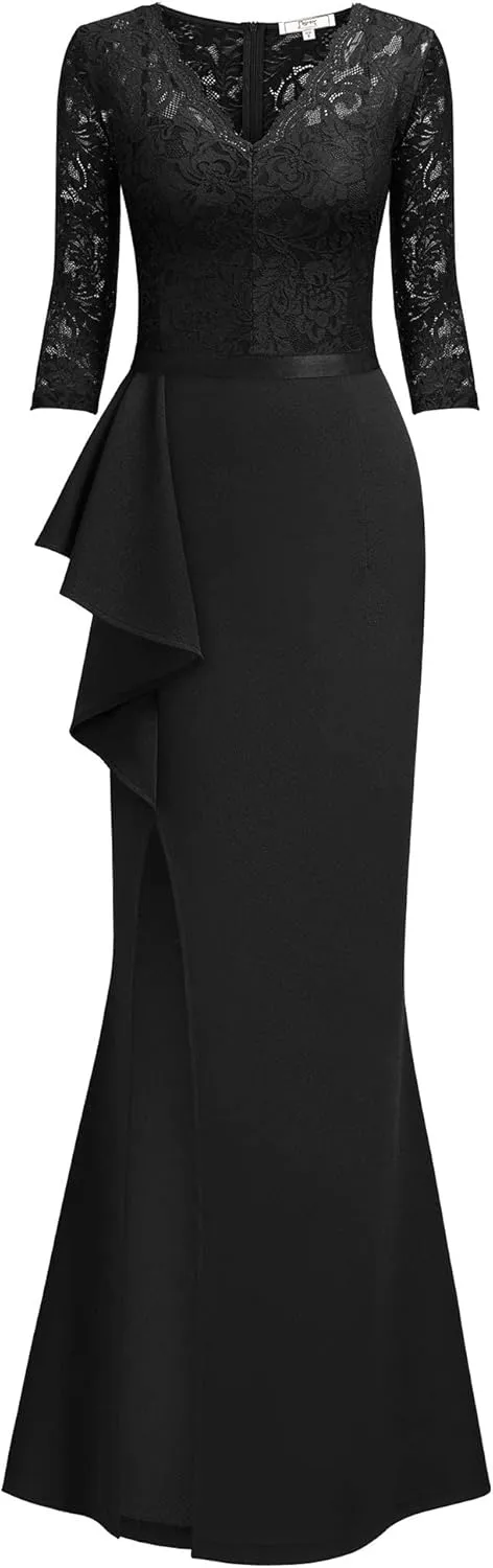 MISSMAY Women's Vintage Floral Lace Ruffle Half Sleeve Evening Party Formal Long Dress