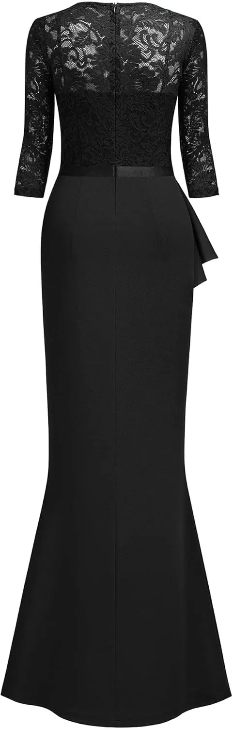 MISSMAY Women's Vintage Floral Lace Ruffle Half Sleeve Evening Party Formal Long Dress