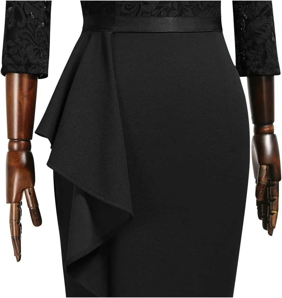 MISSMAY Women's Vintage Floral Lace Ruffle Half Sleeve Evening Party Formal Long Dress
