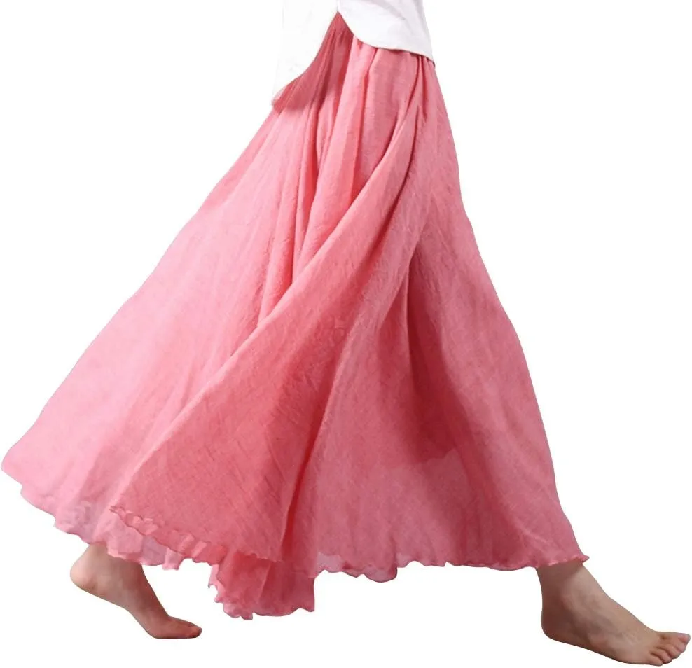 OCHENTA Women's Girls Elastic Waist Long Flowy Bohemian Cotton Casual Maxi Skirt for Summer Beach Holiday