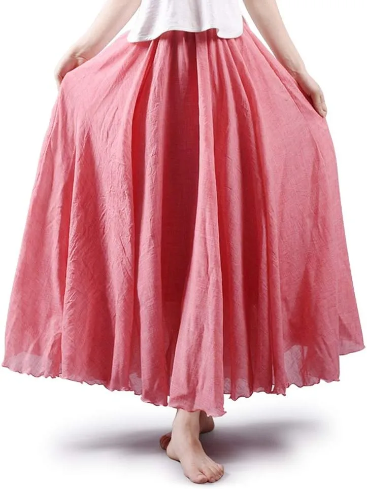 OCHENTA Women's Girls Elastic Waist Long Flowy Bohemian Cotton Casual Maxi Skirt for Summer Beach Holiday