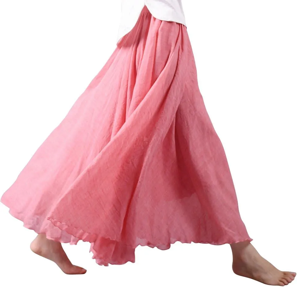 OCHENTA Women's Girls Elastic Waist Long Flowy Bohemian Cotton Casual Maxi Skirt for Summer Beach Holiday