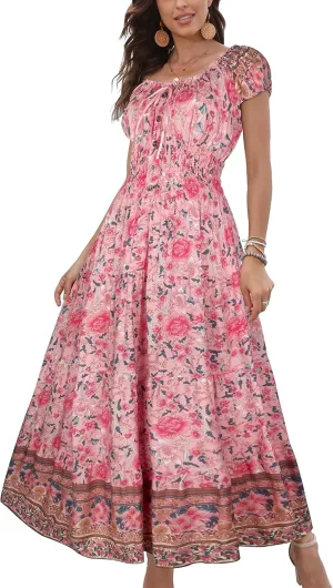 OSTOO Women's 2025 Summer Short Sleeves Boho Floral Print Tiered Casual Flowy Long Maxi Dress
