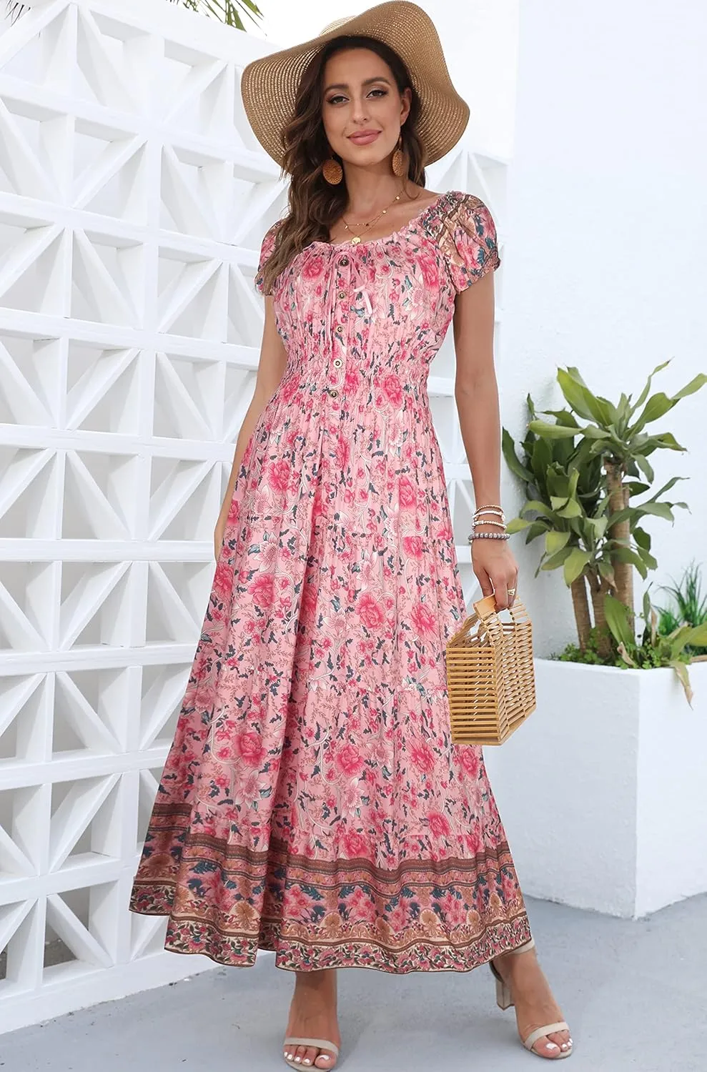 OSTOO Women's 2025 Summer Short Sleeves Boho Floral Print Tiered Casual Flowy Long Maxi Dress
