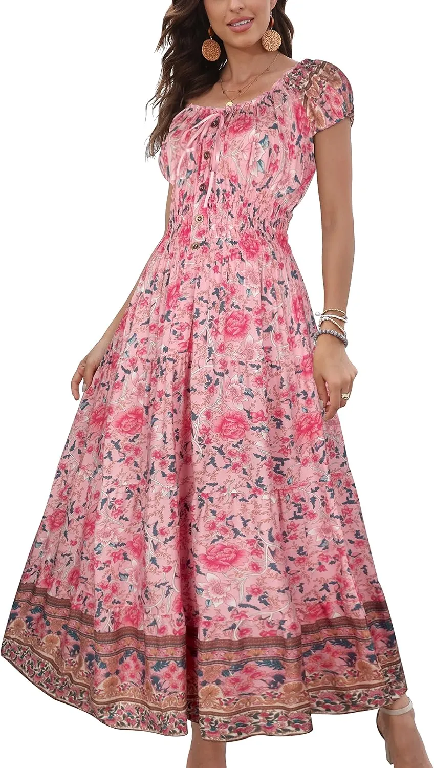 OSTOO Women's 2025 Summer Short Sleeves Boho Floral Print Tiered Casual Flowy Long Maxi Dress