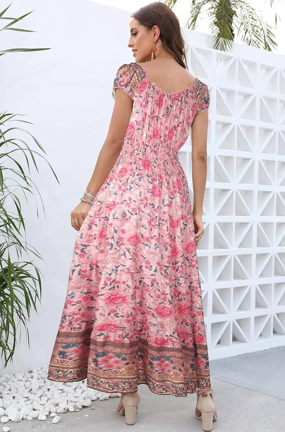 OSTOO Women's 2025 Summer Short Sleeves Boho Floral Print Tiered Casual Flowy Long Maxi Dress