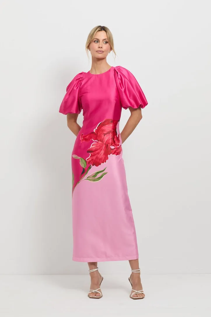 Pasduchas Pompon Sleeve Midi Dress - Pink Floral