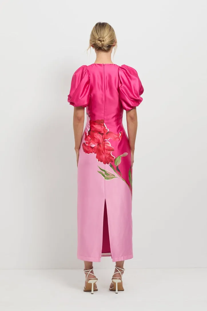 Pasduchas Pompon Sleeve Midi Dress - Pink Floral