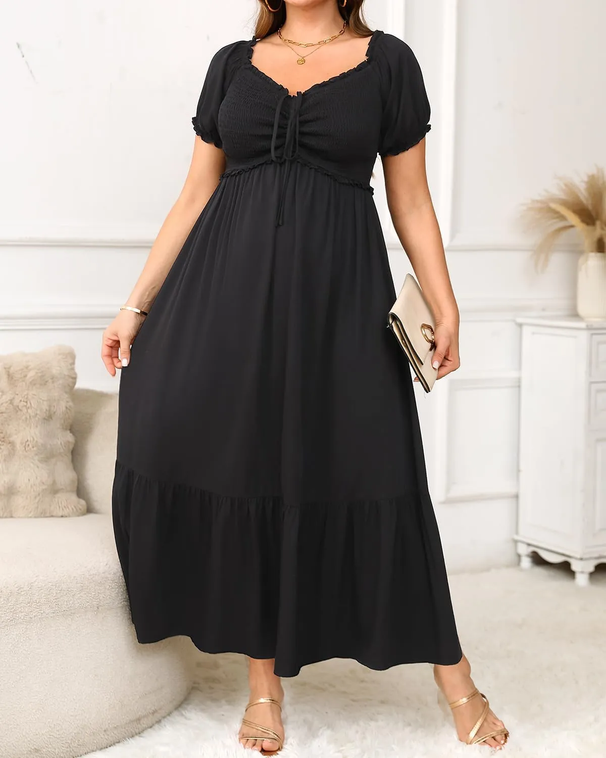 Plus Size Sun Dresses Women - Summer Off The Shoulder Puff Sleeve A Line Boho Maxi Flow Long Dress 2025