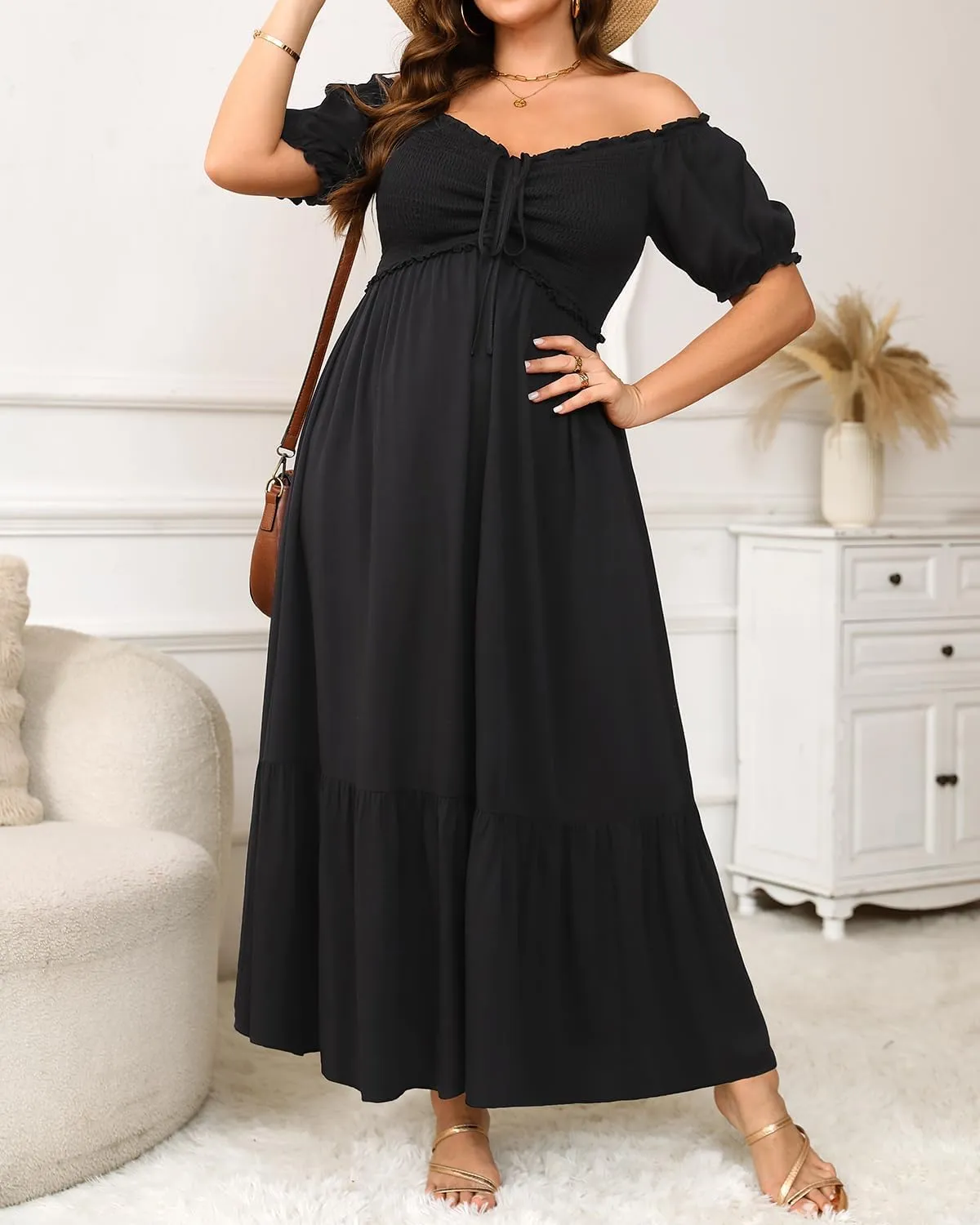 Plus Size Sun Dresses Women - Summer Off The Shoulder Puff Sleeve A Line Boho Maxi Flow Long Dress 2025