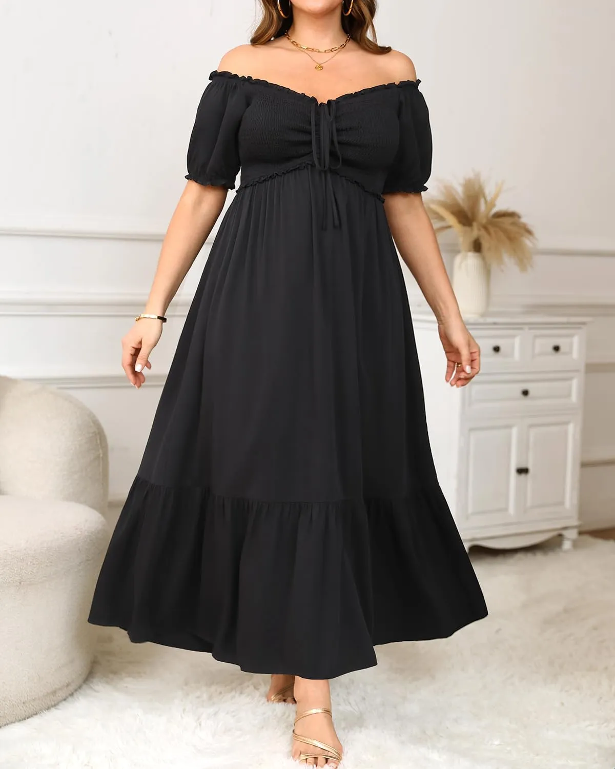 Plus Size Sun Dresses Women - Summer Off The Shoulder Puff Sleeve A Line Boho Maxi Flow Long Dress 2025