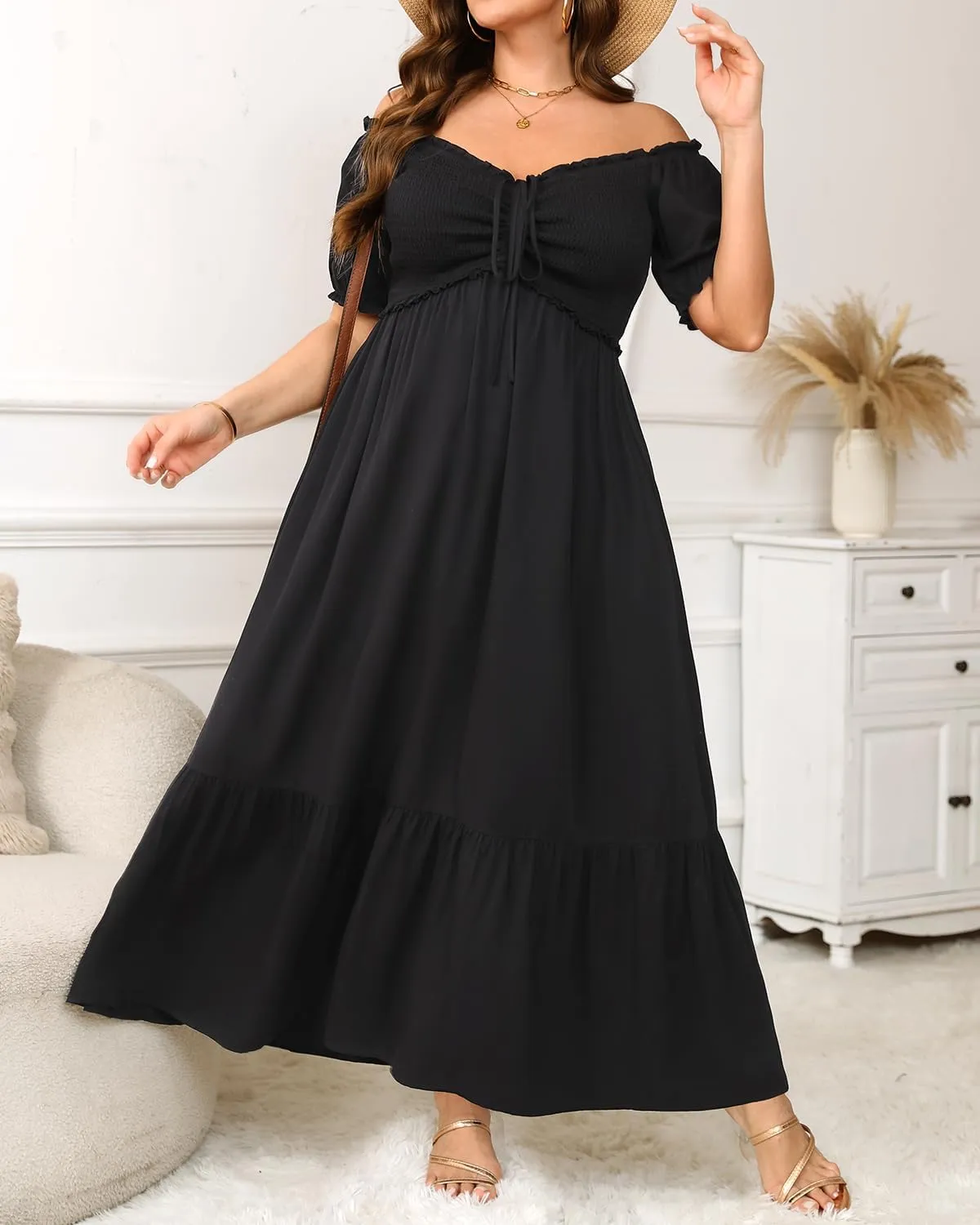 Plus Size Sun Dresses Women - Summer Off The Shoulder Puff Sleeve A Line Boho Maxi Flow Long Dress 2025