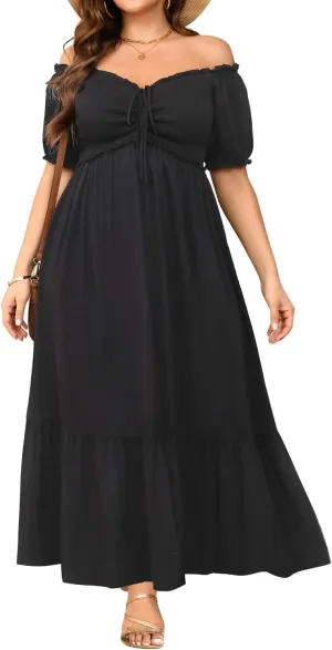 Plus Size Sun Dresses Women - Summer Off The Shoulder Puff Sleeve A Line Boho Maxi Flow Long Dress 2025