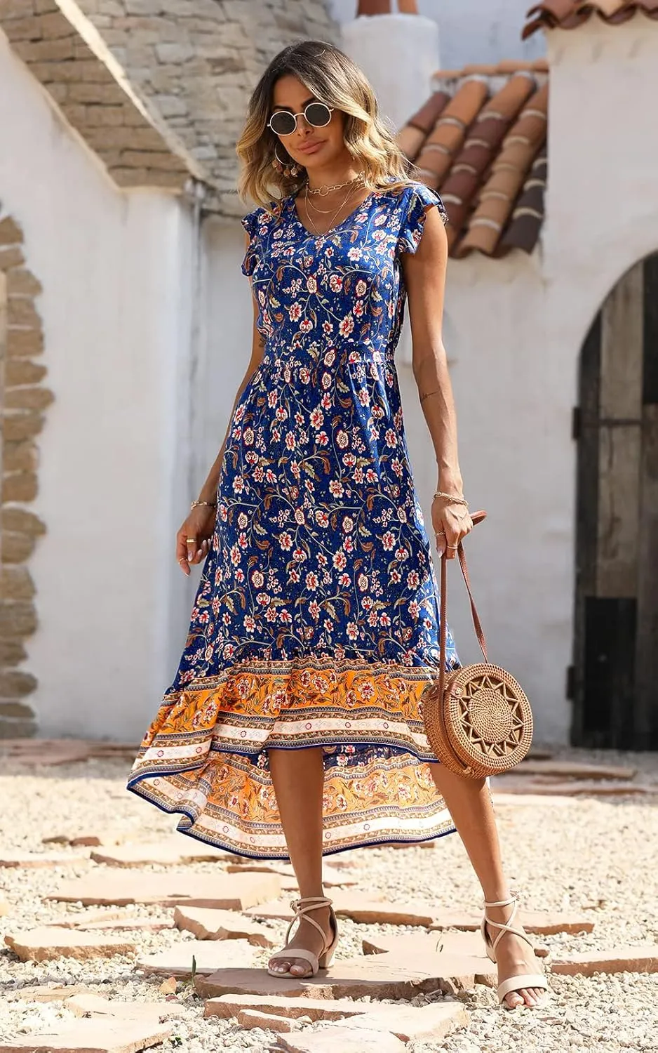 PRETTYGARDEN Women's Summer Maxi Dress Casual Floral V Neck Cap Sleeves Boho High Low Flowy Midi Long Sun Dresses