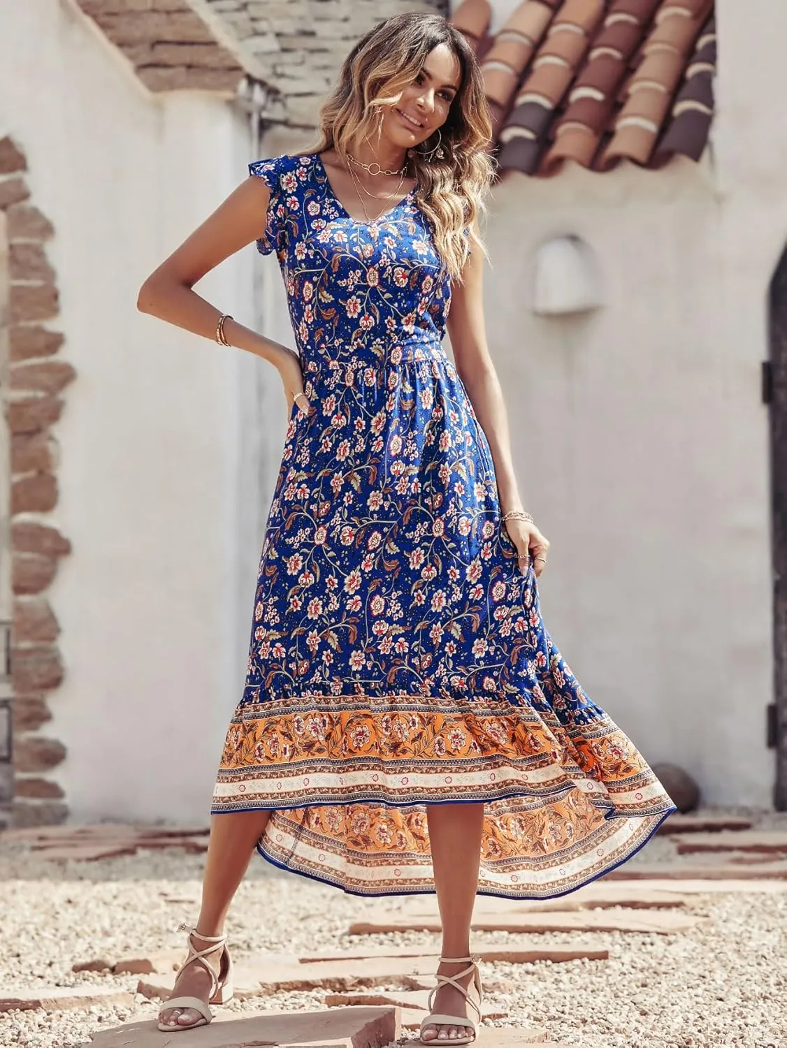PRETTYGARDEN Women's Summer Maxi Dress Casual Floral V Neck Cap Sleeves Boho High Low Flowy Midi Long Sun Dresses