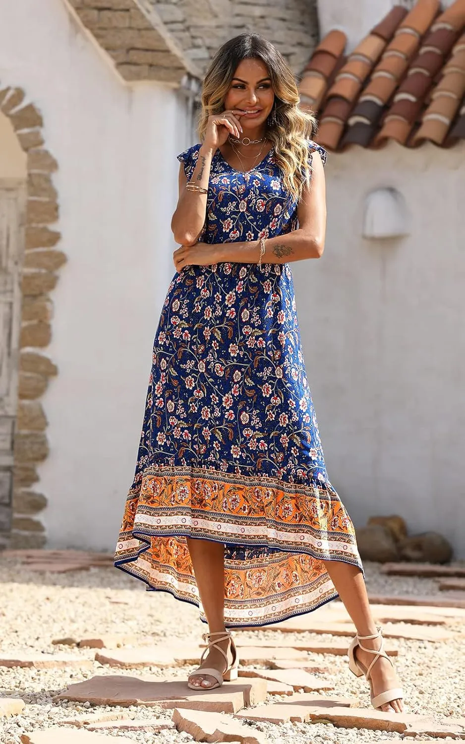 PRETTYGARDEN Women's Summer Maxi Dress Casual Floral V Neck Cap Sleeves Boho High Low Flowy Midi Long Sun Dresses