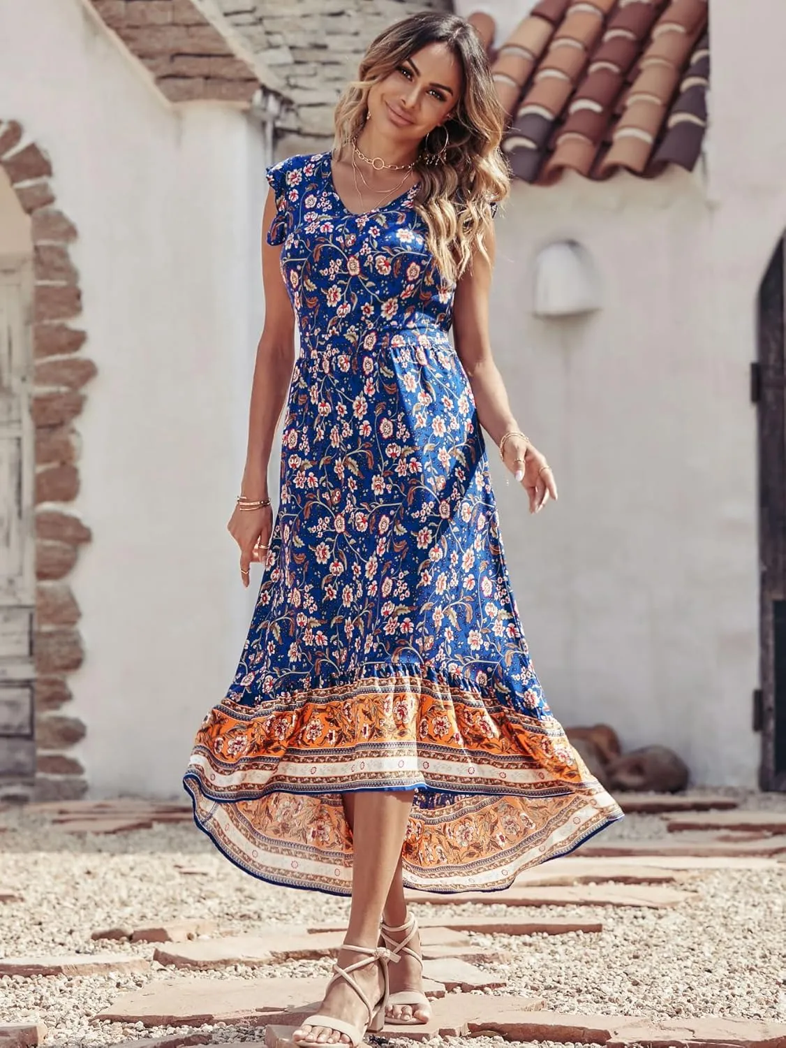 PRETTYGARDEN Women's Summer Maxi Dress Casual Floral V Neck Cap Sleeves Boho High Low Flowy Midi Long Sun Dresses