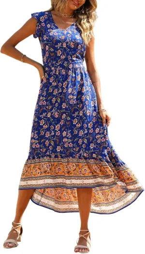 PRETTYGARDEN Women's Summer Maxi Dress Casual Floral V Neck Cap Sleeves Boho High Low Flowy Midi Long Sun Dresses