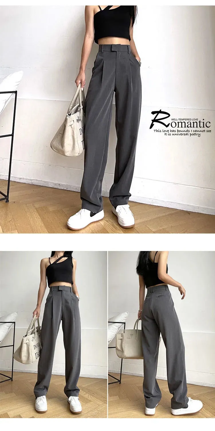 Purpdrank - Women's Suit Pants Draping Spring Autumn High Waist Casual Business Dress Pants Loose Straight Mopping Pants Wide Leg Pants Grey
