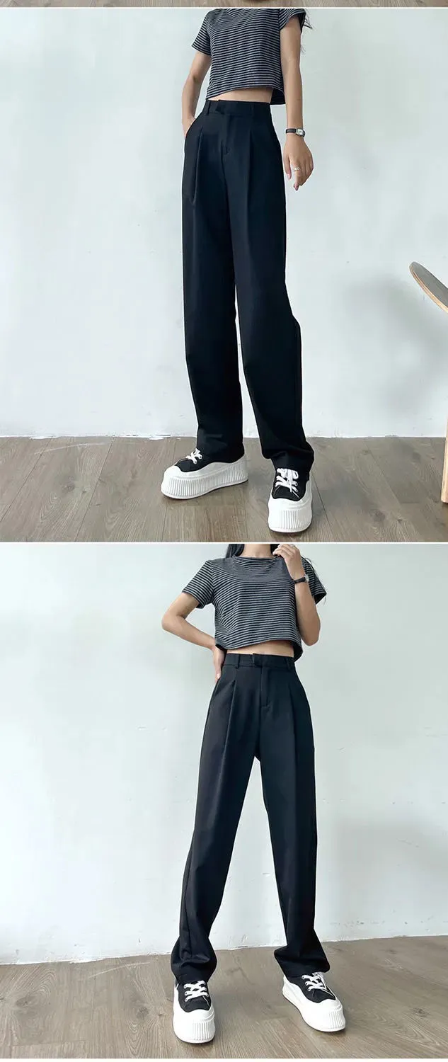 Purpdrank - Women's Suit Pants Draping Spring Autumn High Waist Casual Business Dress Pants Loose Straight Mopping Pants Wide Leg Pants Grey