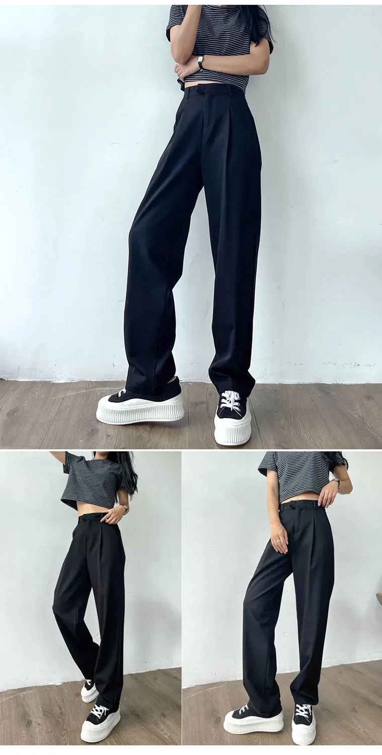 Purpdrank - Women's Suit Pants Draping Spring Autumn High Waist Casual Business Dress Pants Loose Straight Mopping Pants Wide Leg Pants Grey