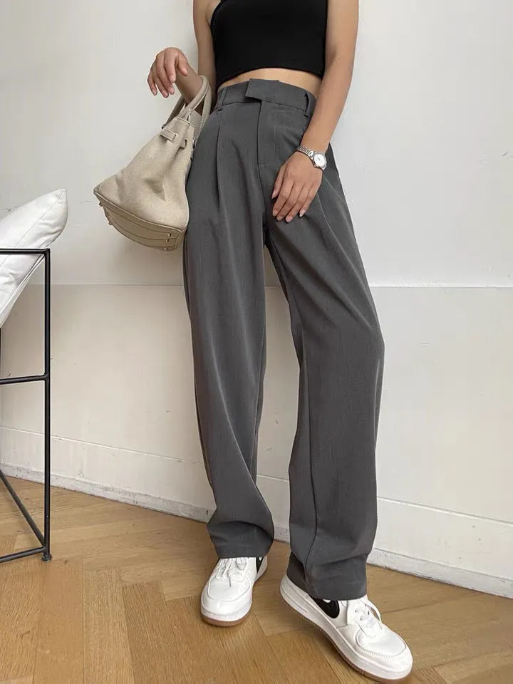 Purpdrank - Women's Suit Pants Draping Spring Autumn High Waist Casual Business Dress Pants Loose Straight Mopping Pants Wide Leg Pants Grey
