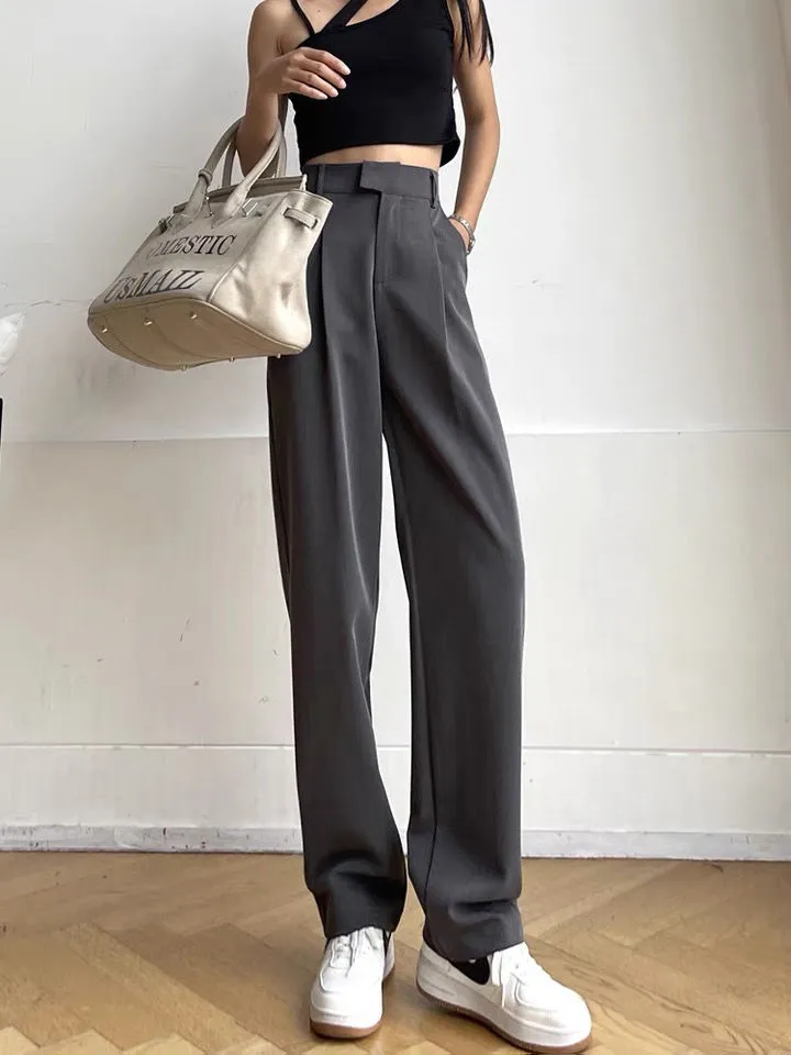 Purpdrank - Women's Suit Pants Draping Spring Autumn High Waist Casual Business Dress Pants Loose Straight Mopping Pants Wide Leg Pants Grey