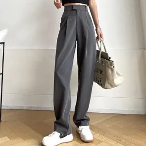 Purpdrank - Women's Suit Pants Draping Spring Autumn High Waist Casual Business Dress Pants Loose Straight Mopping Pants Wide Leg Pants Grey