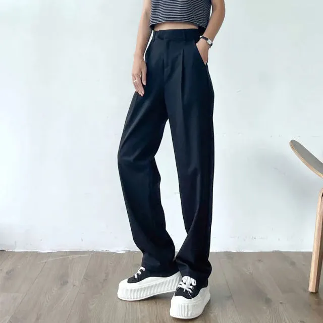 Purpdrank - Women's Suit Pants Draping Spring Autumn High Waist Casual Business Dress Pants Loose Straight Mopping Pants Wide Leg Pants Grey