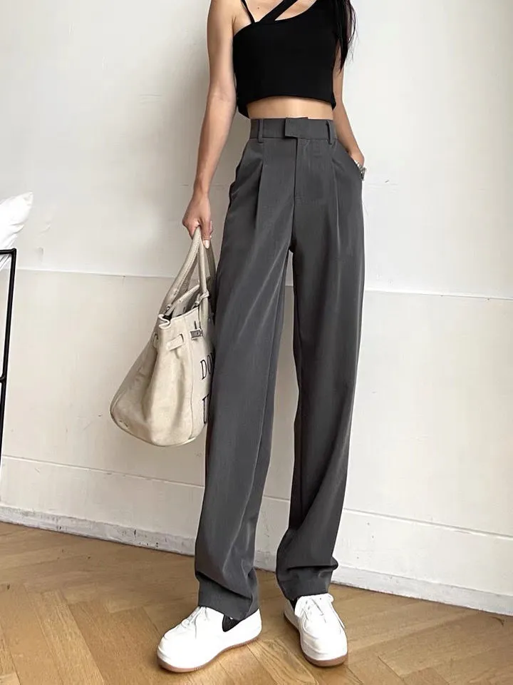 Purpdrank - Women's Suit Pants Draping Spring Autumn High Waist Casual Business Dress Pants Loose Straight Mopping Pants Wide Leg Pants Grey