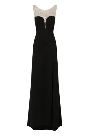 Seska Black Crystal Plunge Thigh Split Fishtail Maxi Dress