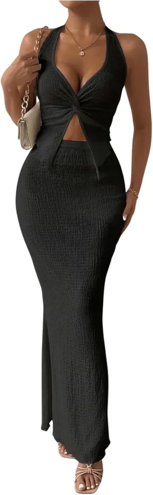 SHENHE Women's Sexy 2 Piece Outfits Twist Front Split Halter Crop Top and Bodycon Maxi Skirt Set