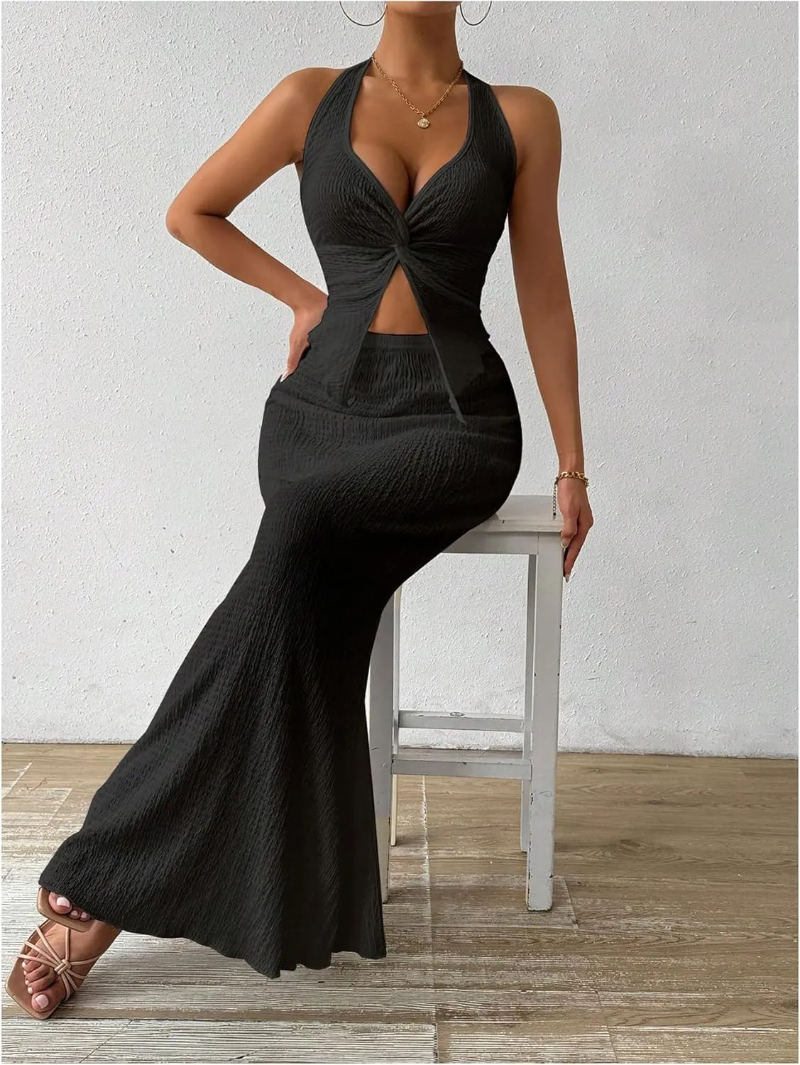 SHENHE Women's Sexy 2 Piece Outfits Twist Front Split Halter Crop Top and Bodycon Maxi Skirt Set