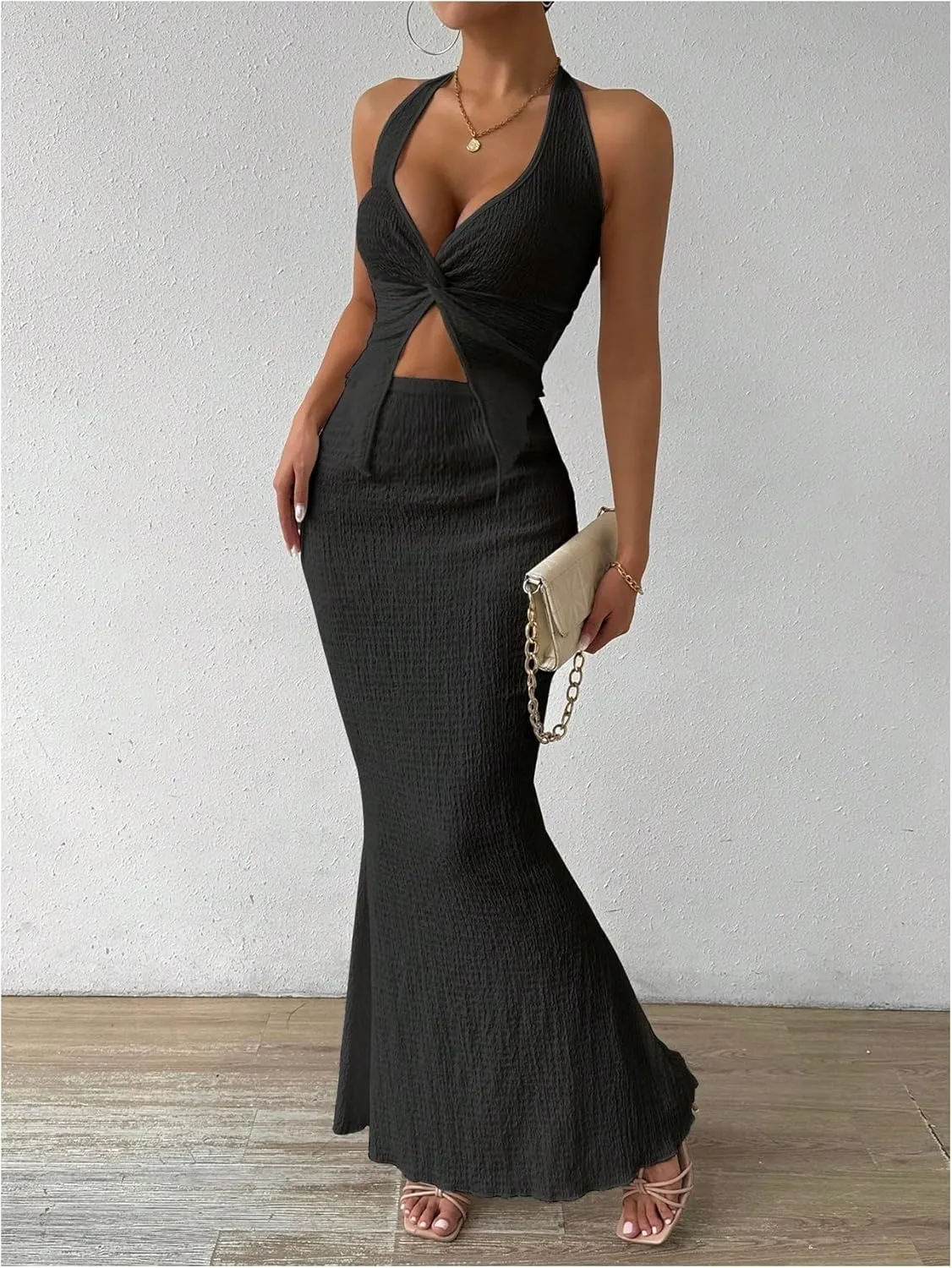 SHENHE Women's Sexy 2 Piece Outfits Twist Front Split Halter Crop Top and Bodycon Maxi Skirt Set
